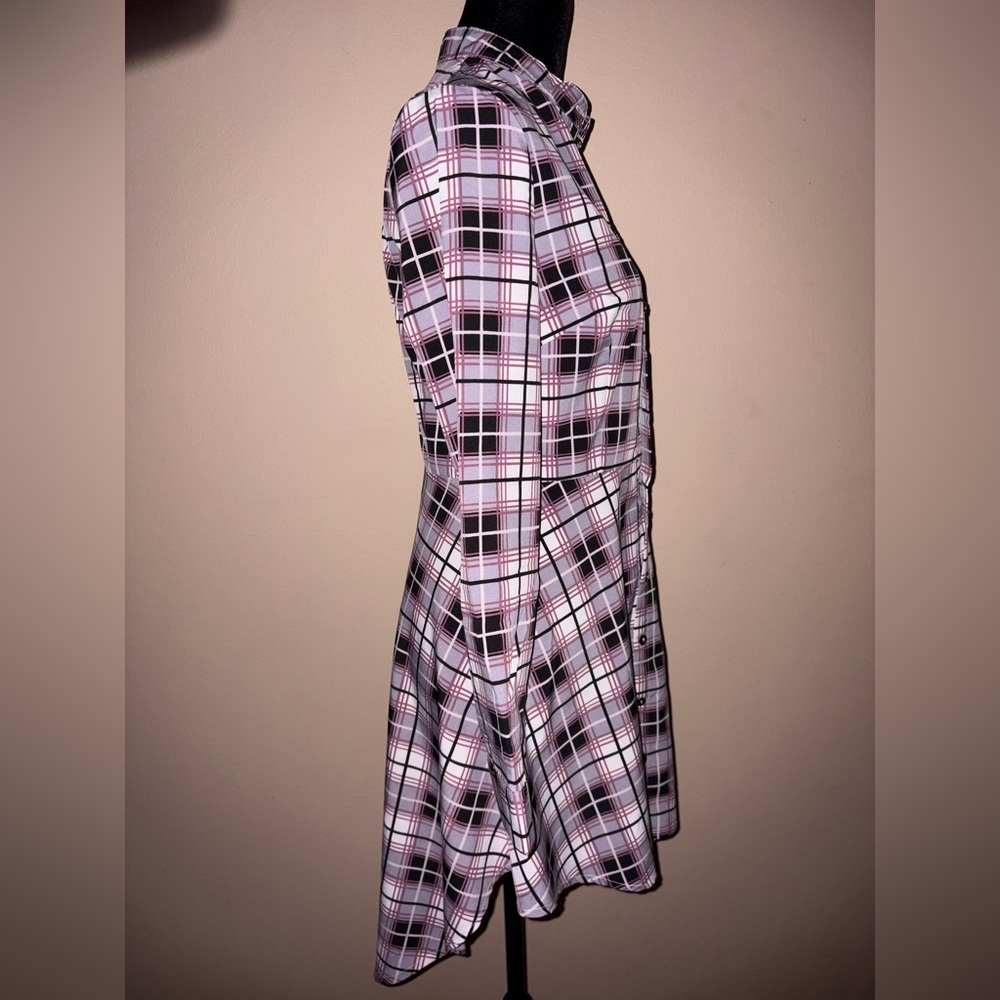 Purple Plaid High Low Button down Long Sleeve Shirt Dress - Picture 3 of 6